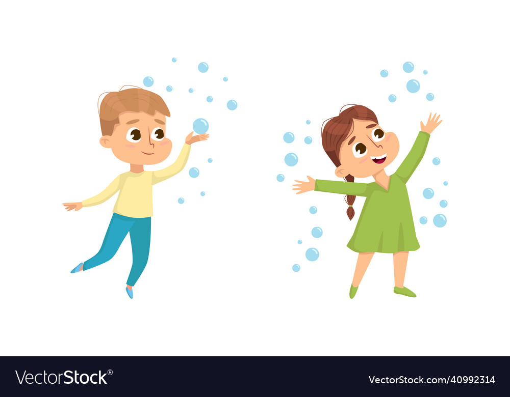 Funny boy and girl playing with soap bubbles Vector Image