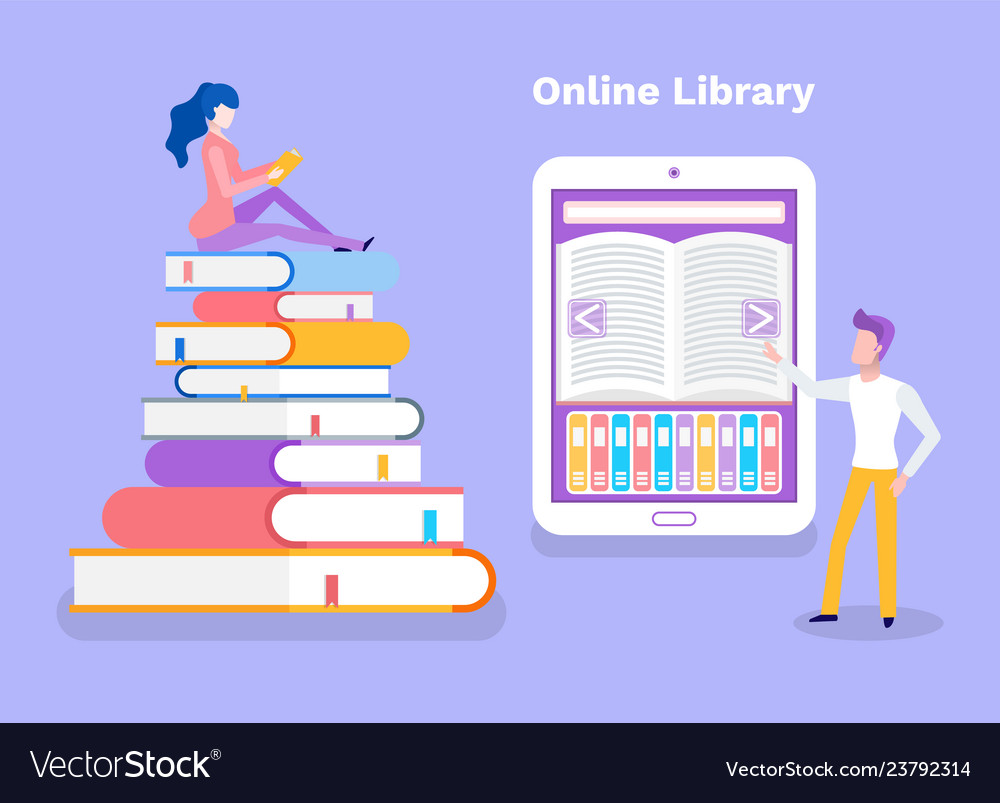 Online library woman sitting on pile of books Vector Image