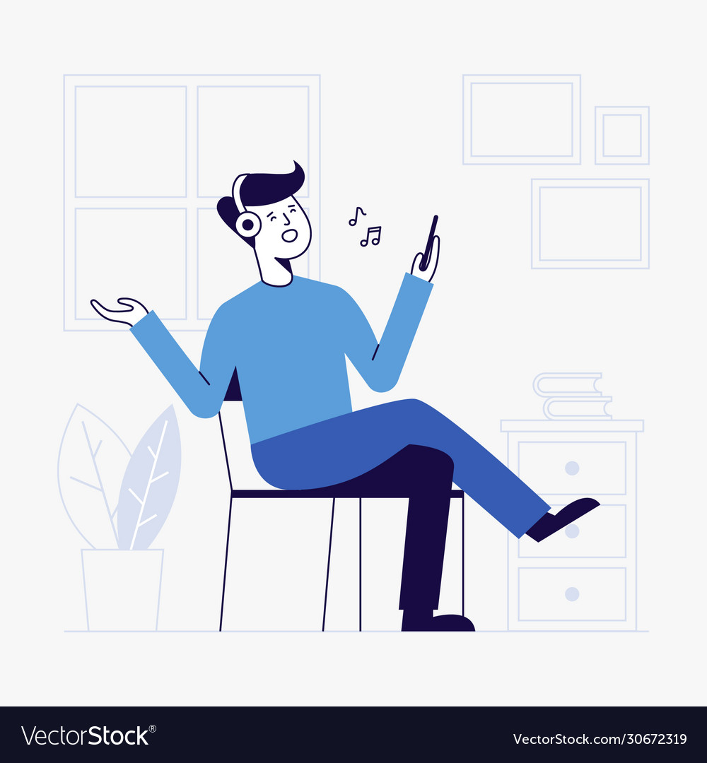 young-man-listening-to-music-in-living-room-vector-image