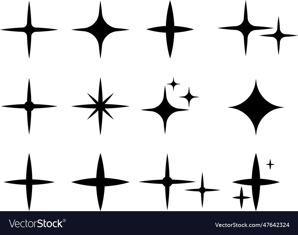 Black sparkle icons star icons twinkling stars Vector Image