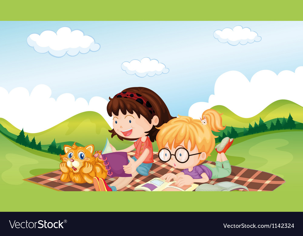 Girls reading with an animal Royalty Free Vector Image