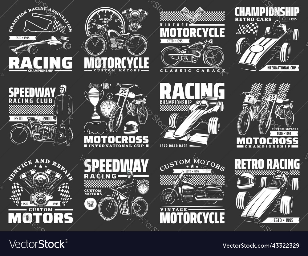 Racing car motorcycle bike and kart icons Vector Image