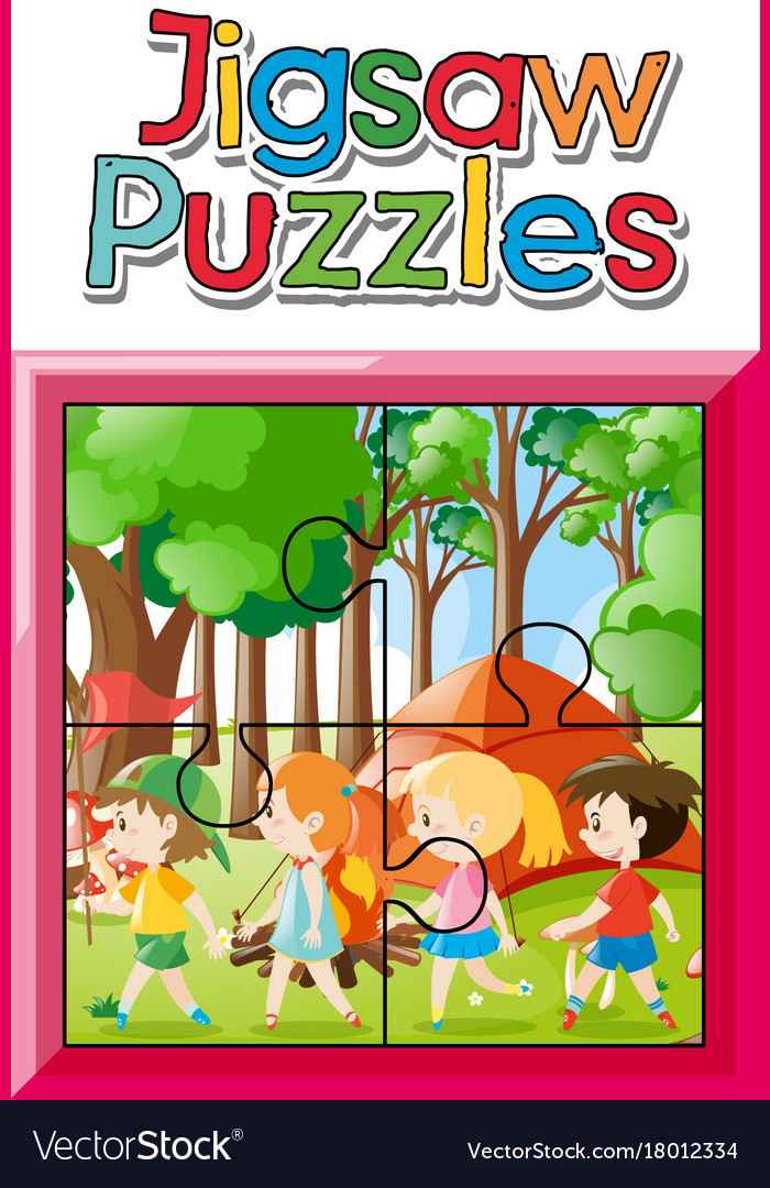 Jigsaw Puzzle With Kids Camping In Woods Vector Image