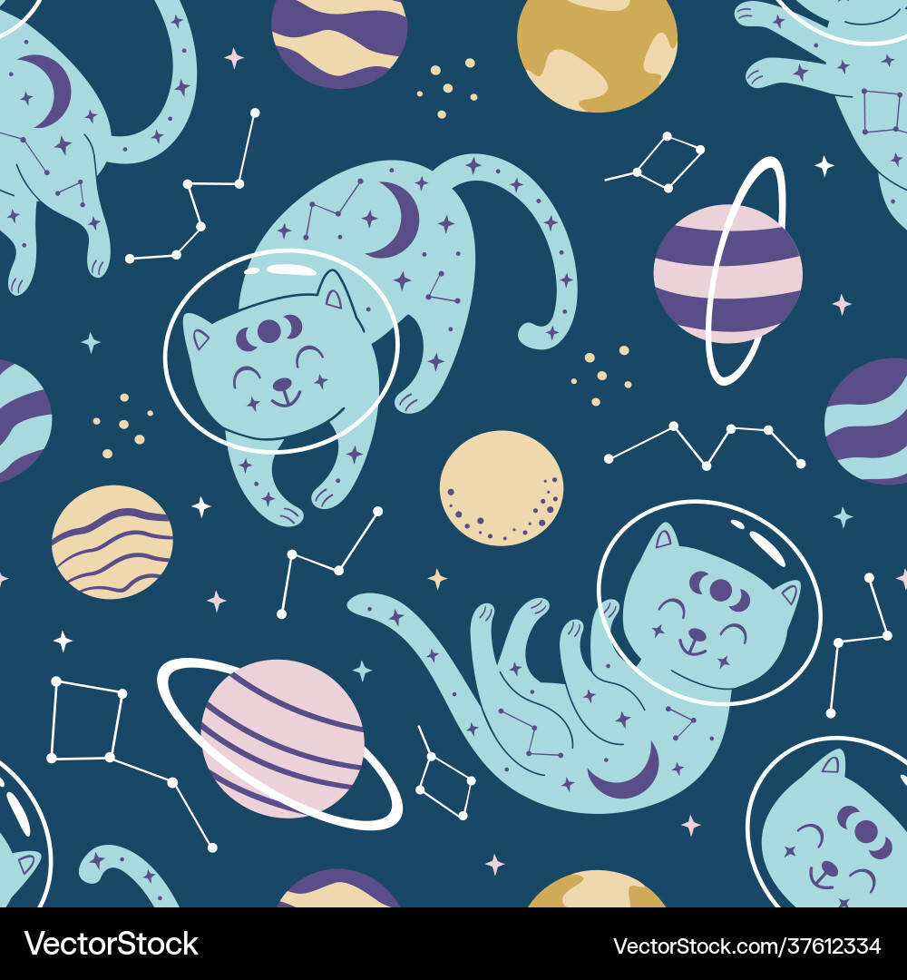 Seamless pattern with blue cats in space Vector Image