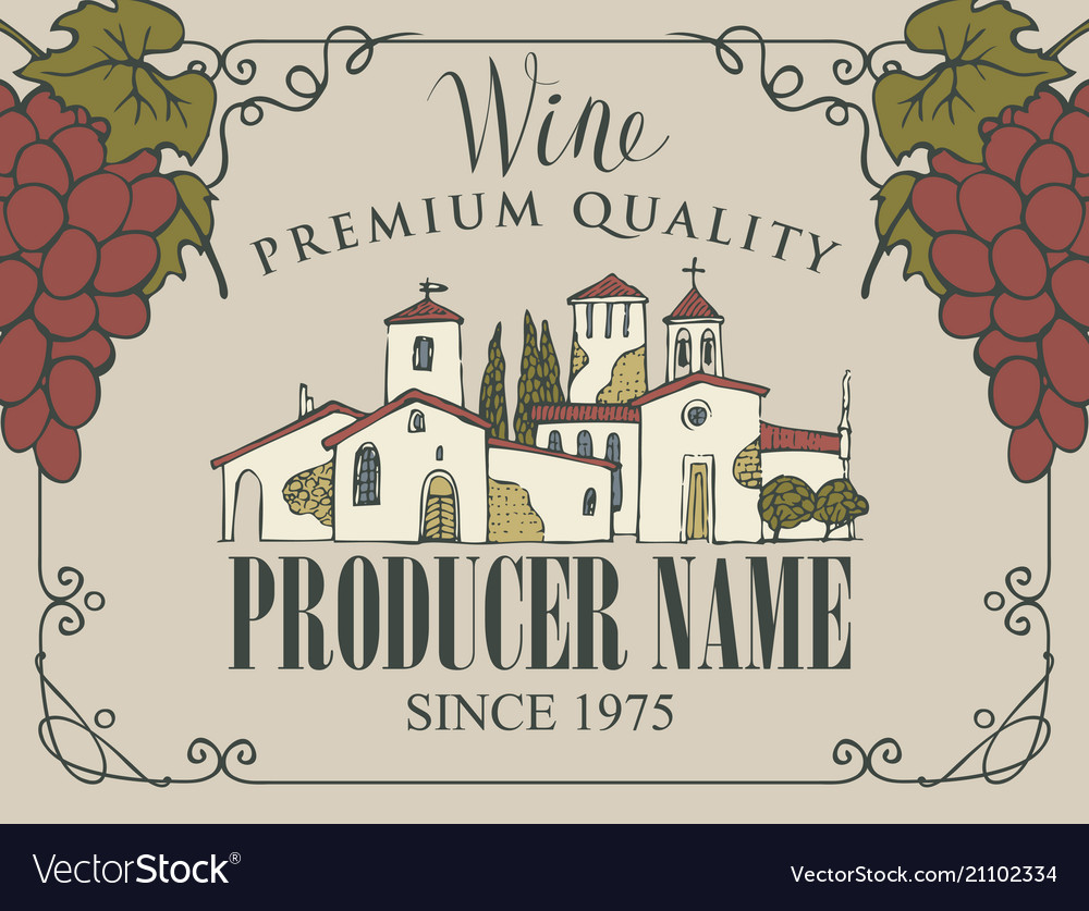 Wine label with landscape of village and grapes Vector Image