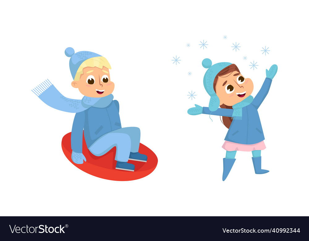 Cheerful boy and girl sliding downhill Royalty Free Vector