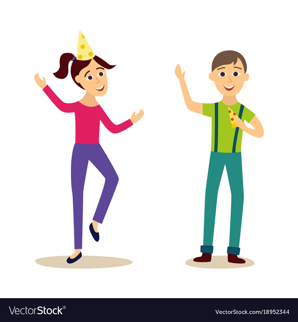 People dancing and eating pizza at party Vector Image