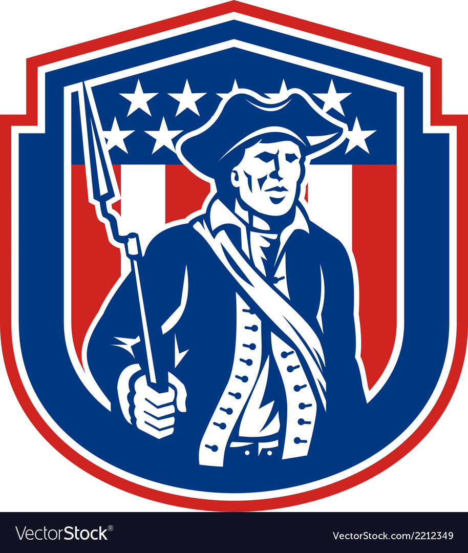 American patriot holding bayonet rifle shield Vector Image