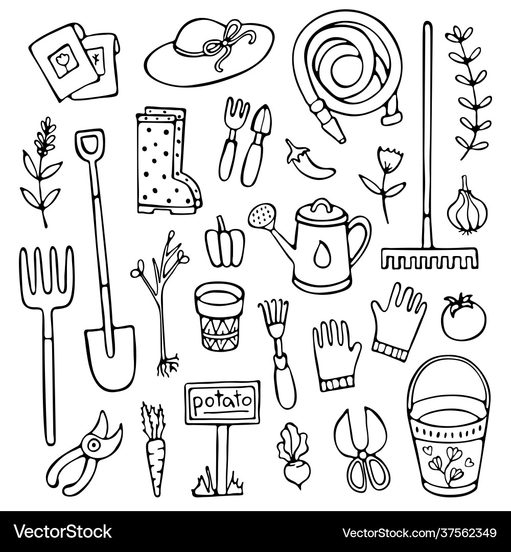 Doodle garden set tools elements and stuff Vector Image