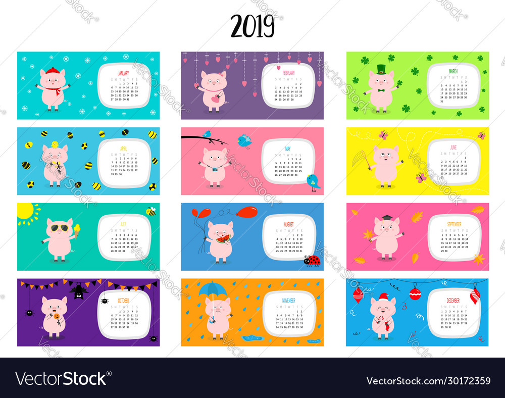 Pig horizontal monthly calendar 2019 cute funny