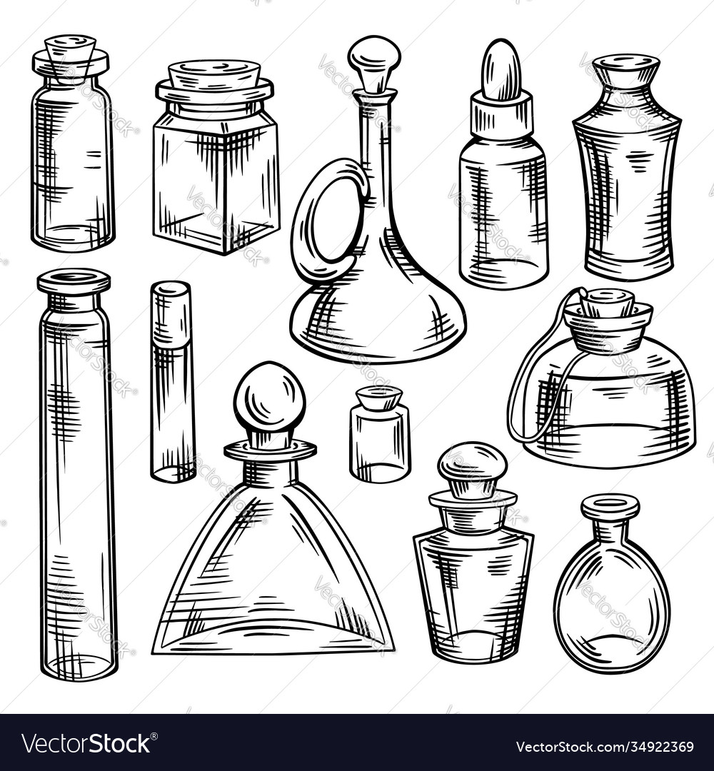 Contour sketch bottles flasks and jars Royalty Free Vector