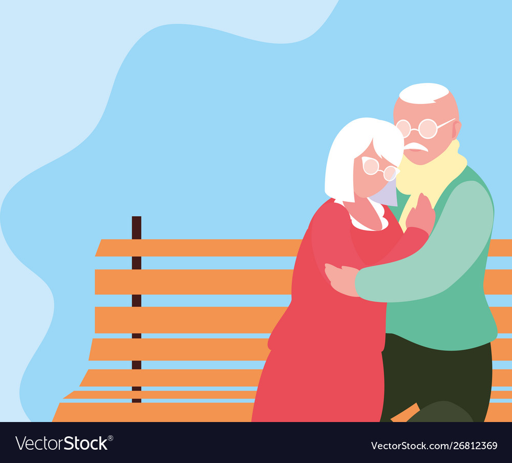 Cute old couple seated in chair park Royalty Free Vector