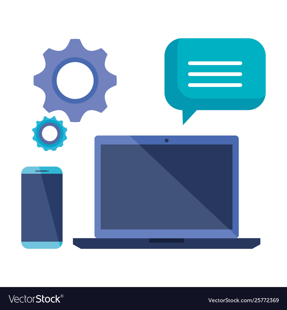 Laptop computer with smartphone and gears Vector Image