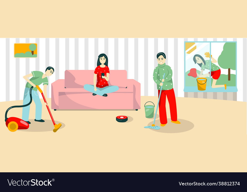 Family cleans apartment dad vacuuming mom Vector Image