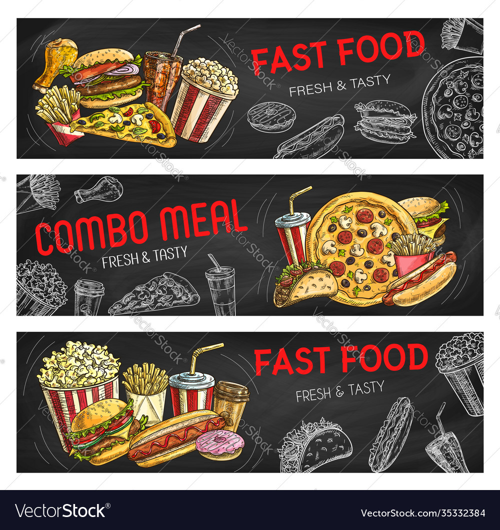 Fast Food Sketch Burgers And Sandwiches Banners Vector Image