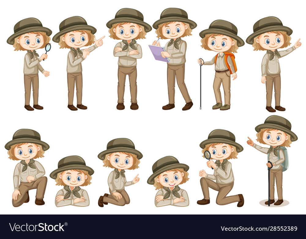 Girl in safari outfit doing different things