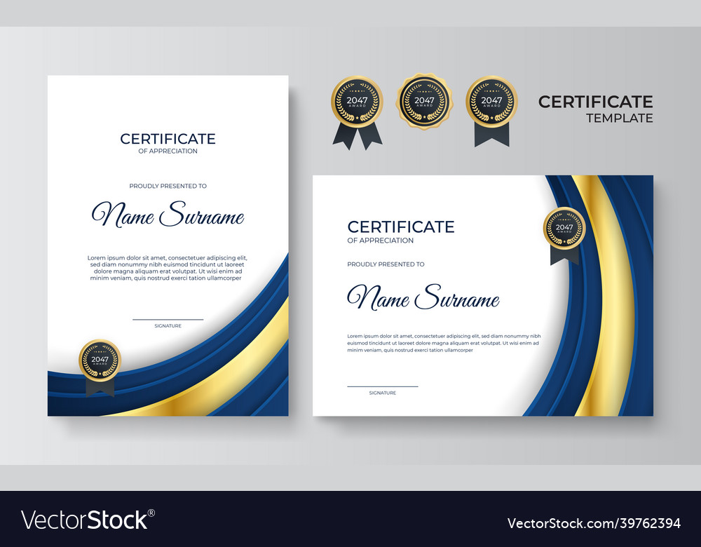 Premium gold and blue certificate of appreciation Vector Image