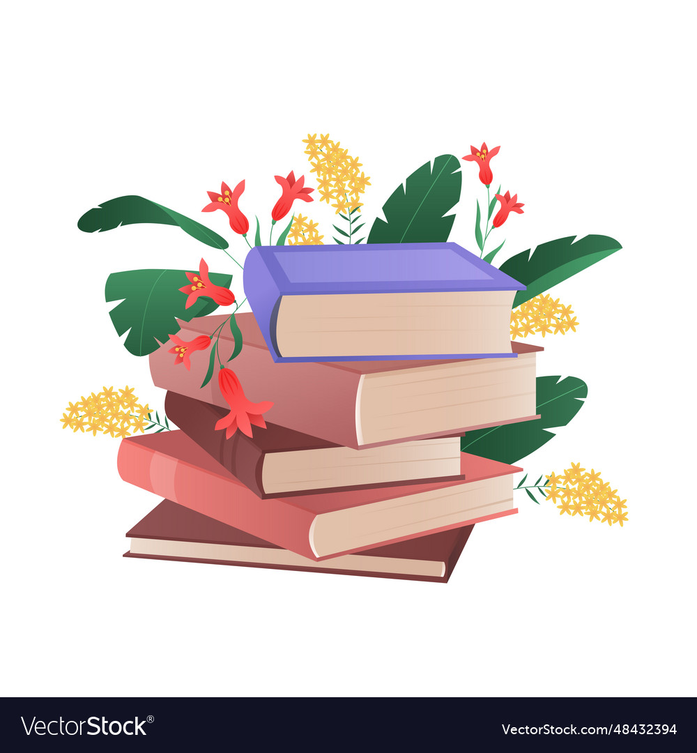 Stack of colorful books with blooming flowers Vector Image