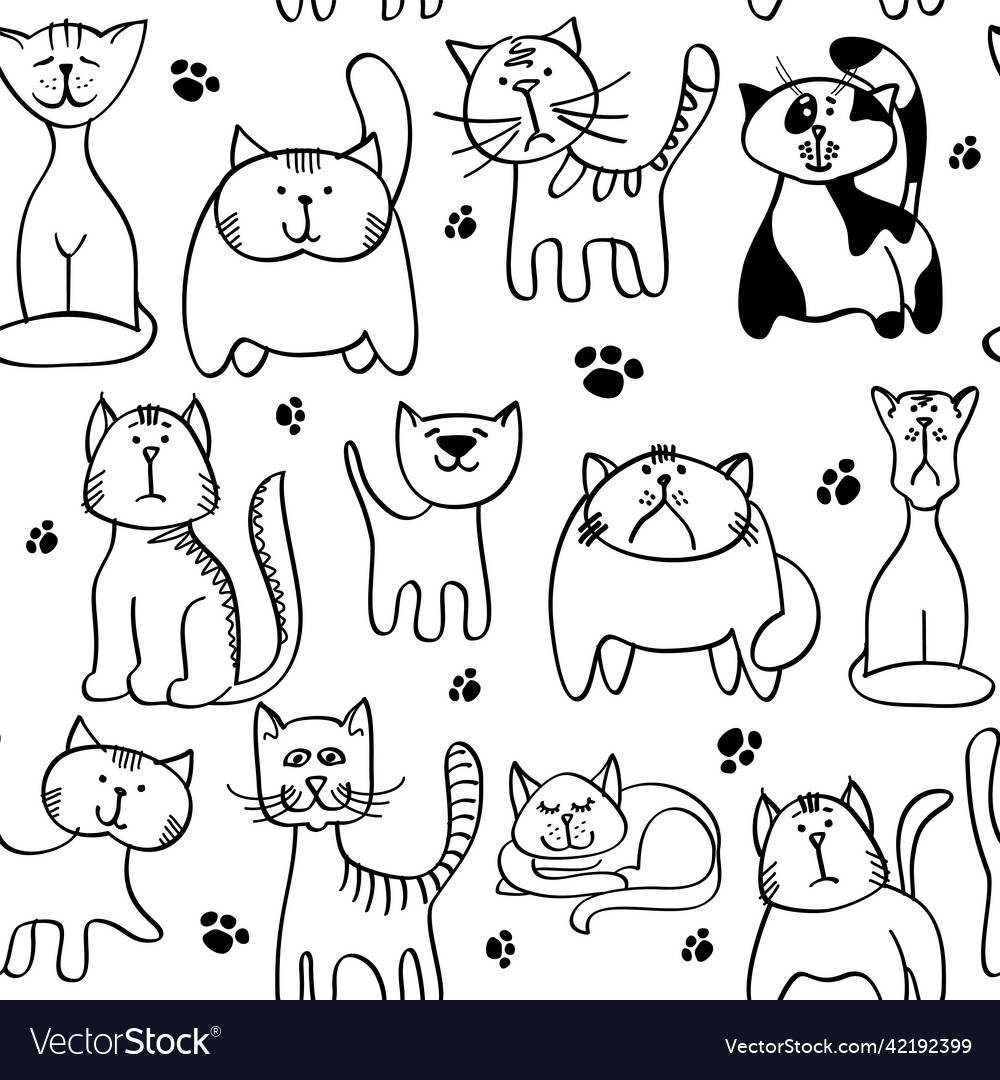 Cat seamless pattern hand drawn black print Vector Image