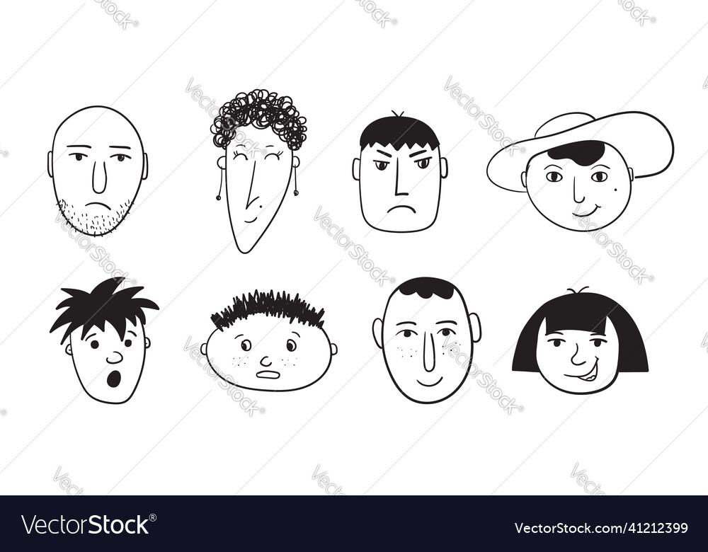 Hand drawn male and female faces with different vector image Hand drawn male and female faces with different