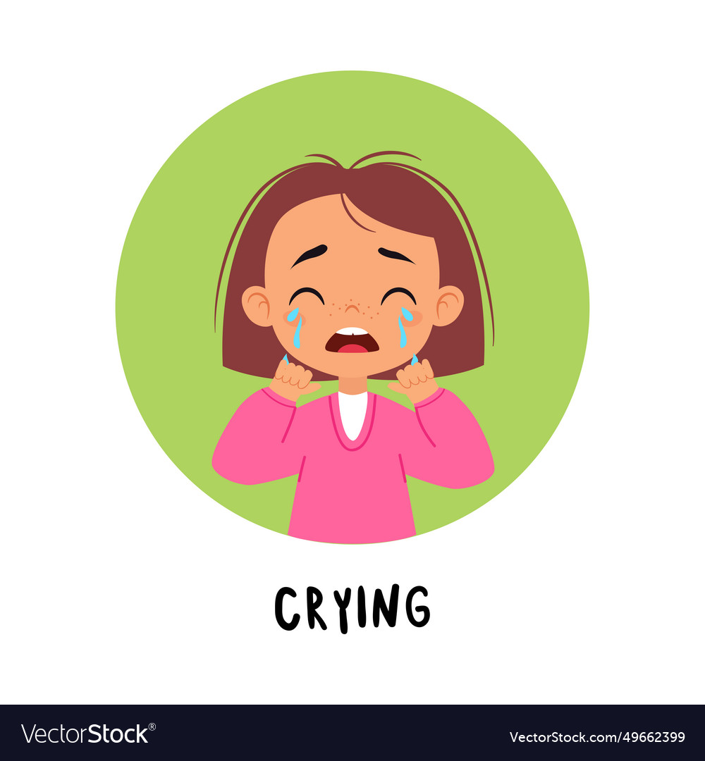 Kid emotion with crying girl character in round Vector Image