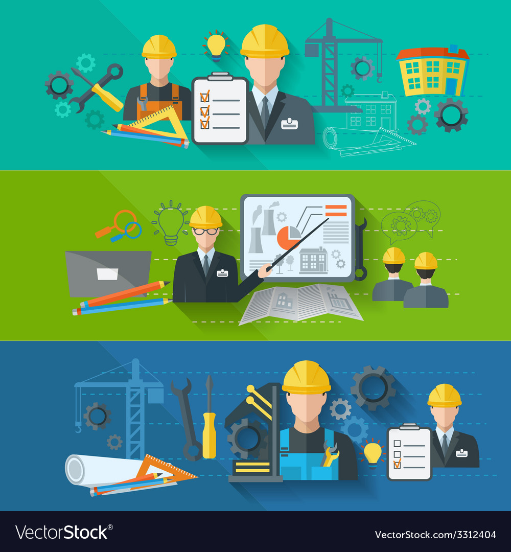 Engineer Banner Flat Set Royalty Free Vector Image