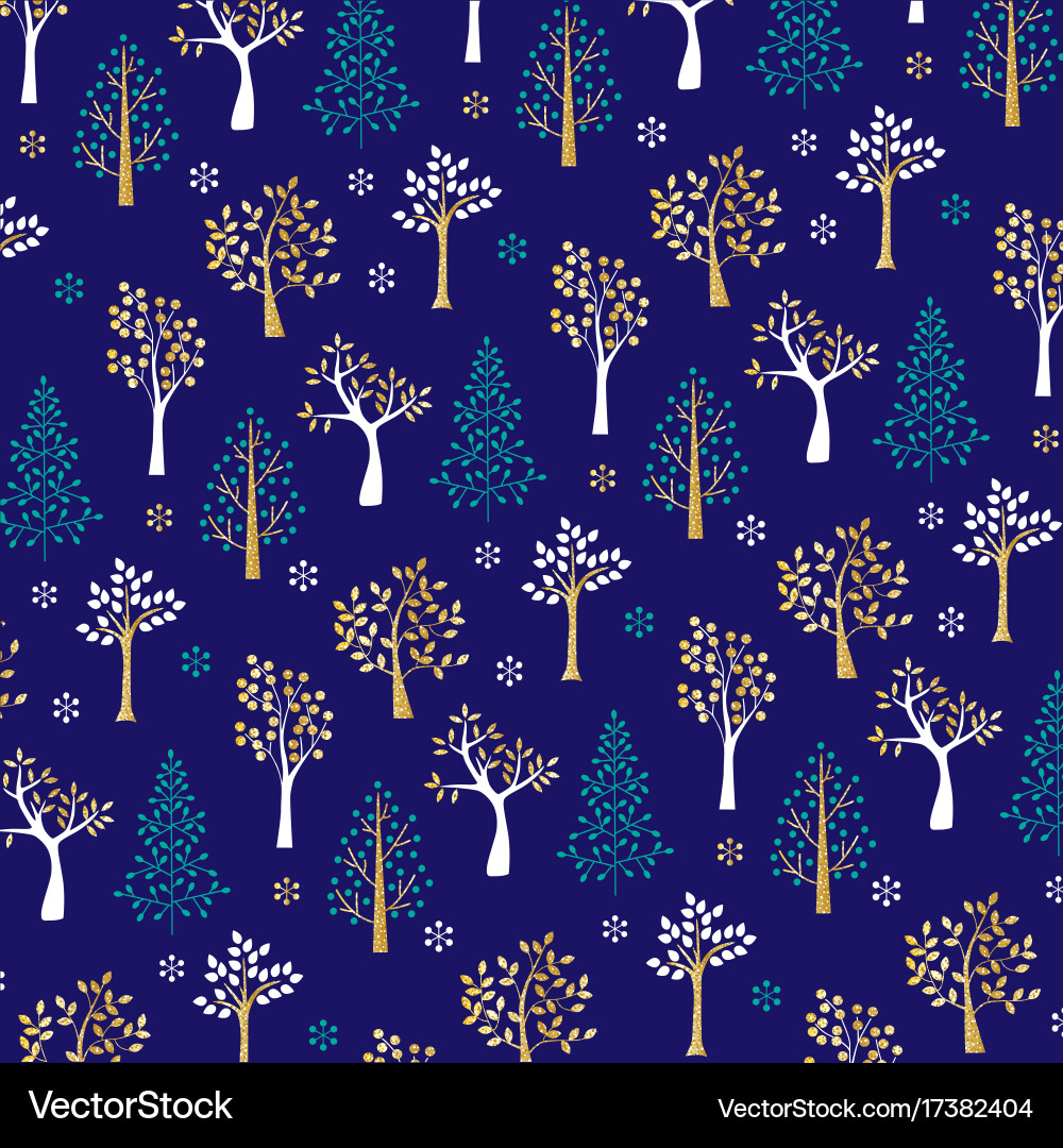 Gold glitter winter tree pattern on blue Vector Image