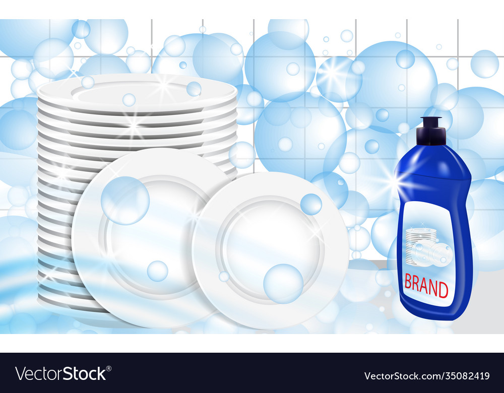 Dishwashing Liquid Products With Plates Stack Vector Image