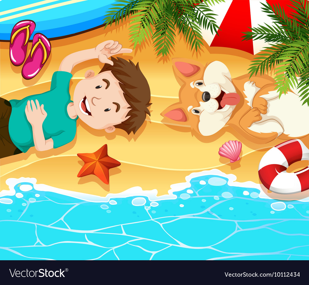 Boy and dog relaxing on the beach Royalty Free Vector Image