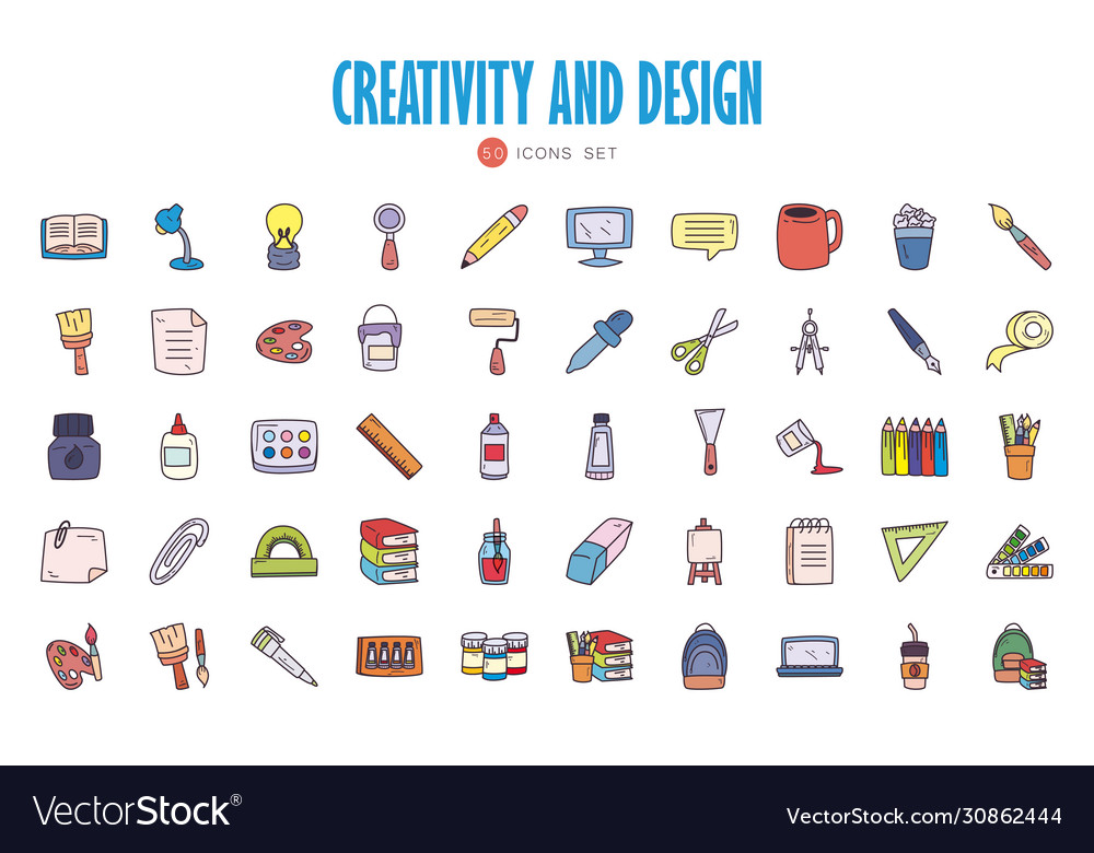 50 creativity and design fill style icon set Vector Image