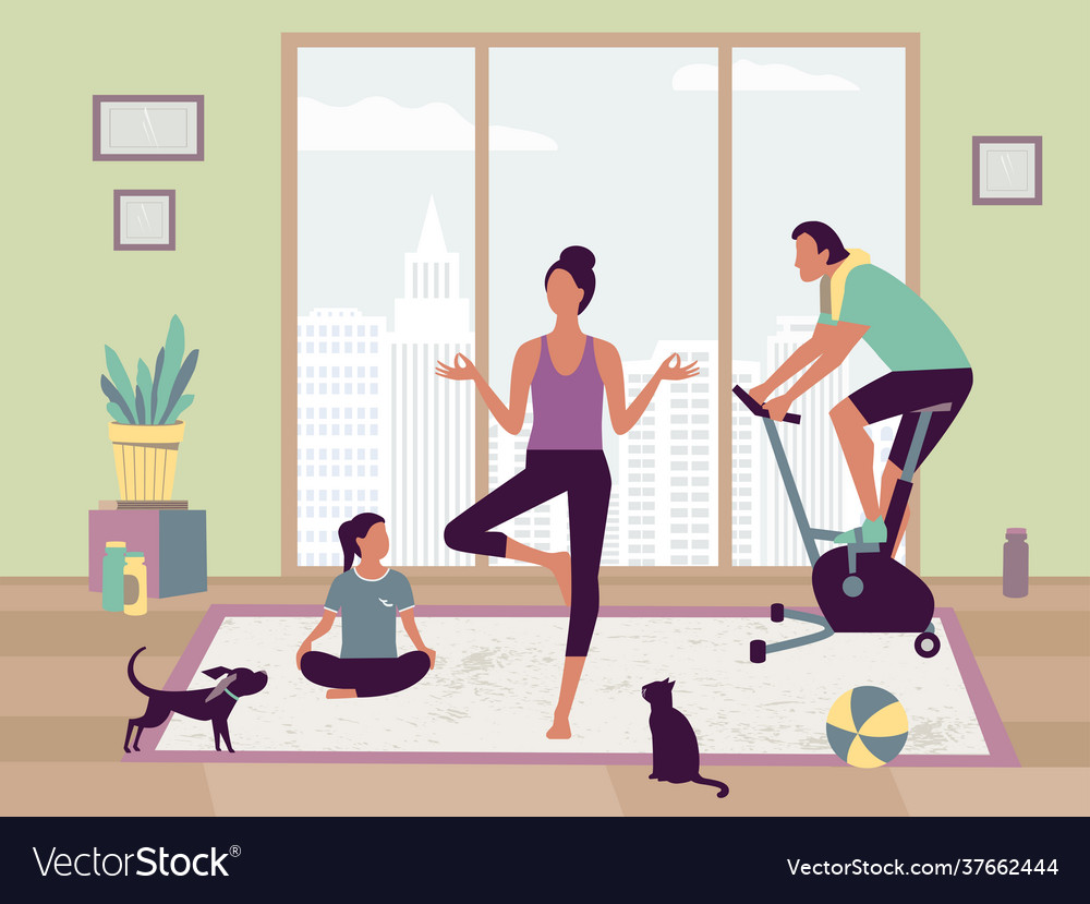 Fit family together home indoor wellness workout Vector Image