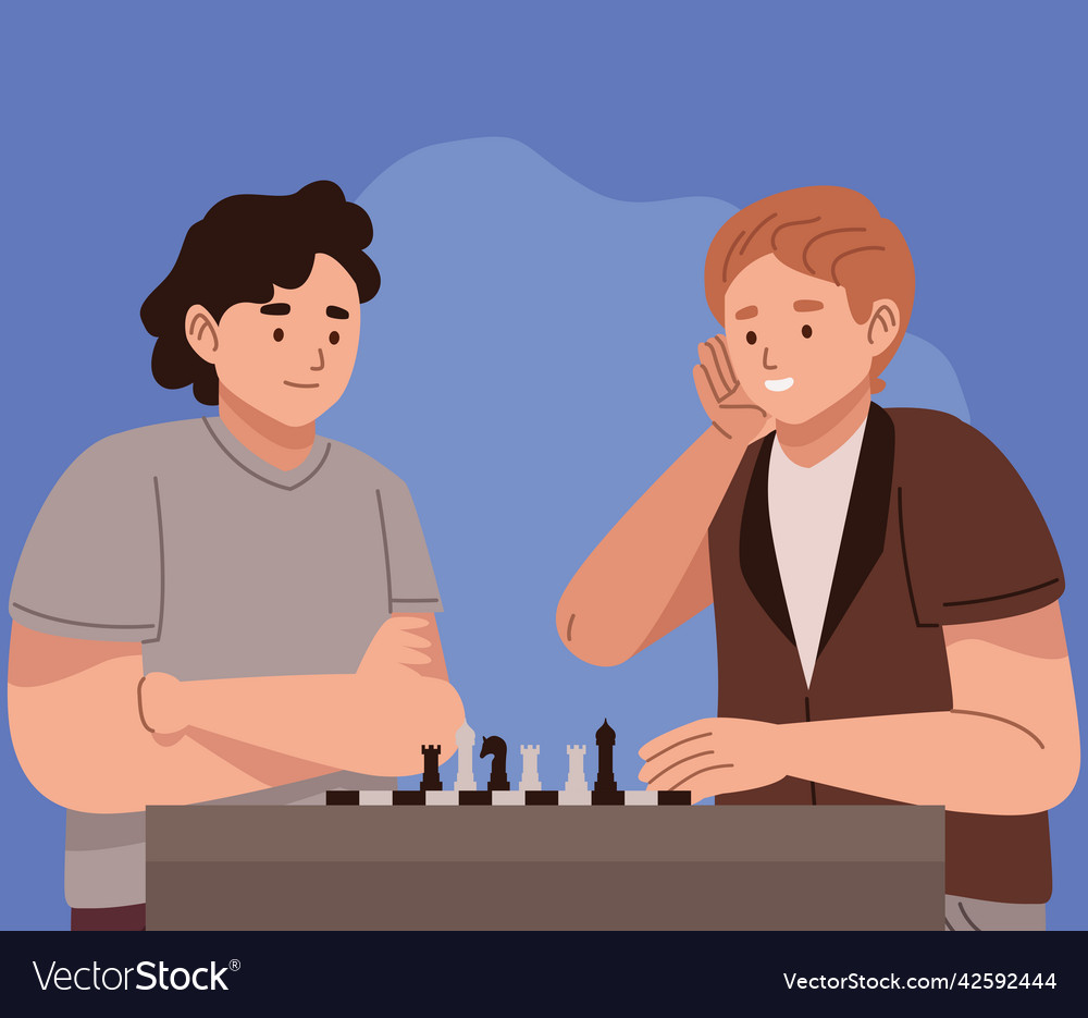 Boys play chess with a clock to control time Vector Image