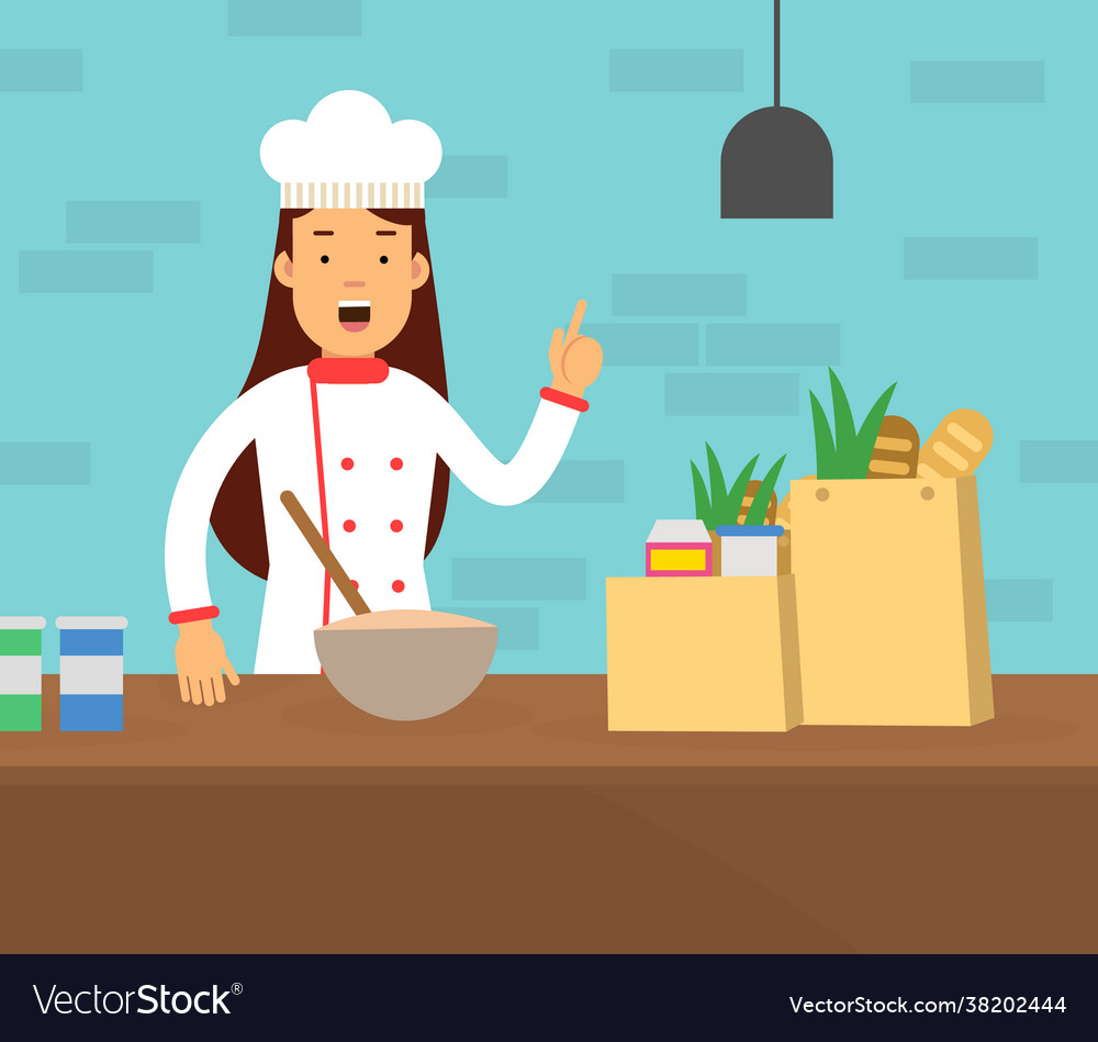 Woman chef at kitchen table giving instruction Vector Image