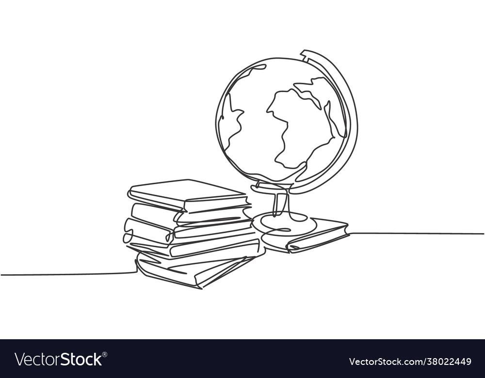 Earth globe beside books stack continuous one Vector Image