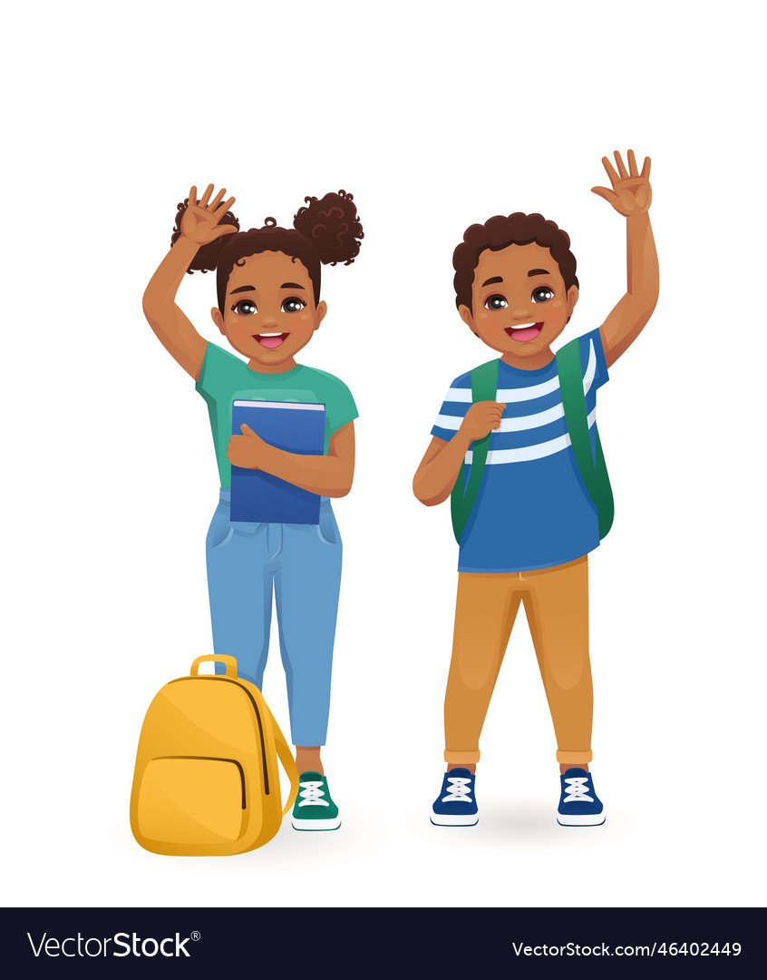 School boy and girl waving Royalty Free Vector Image