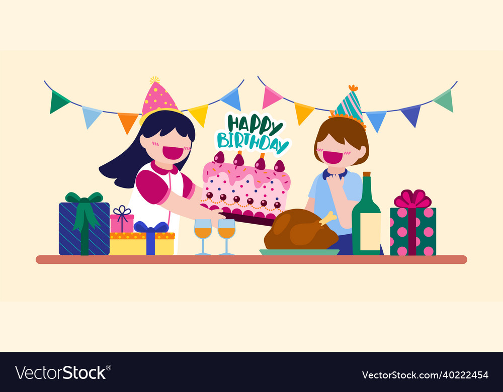 Cartoon birthday party people man and woman has Vector Image