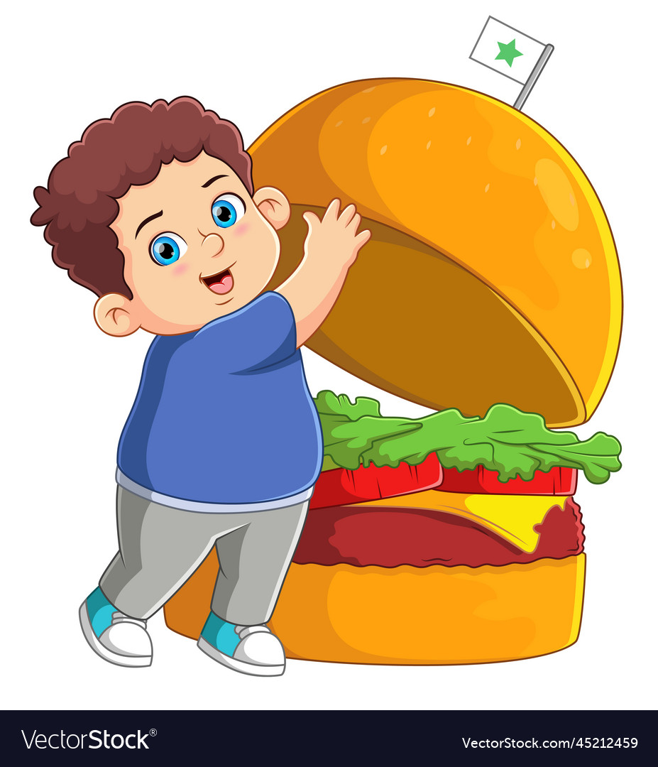 A Cute Boy Eating Big Burger Royalty Free Vector Image