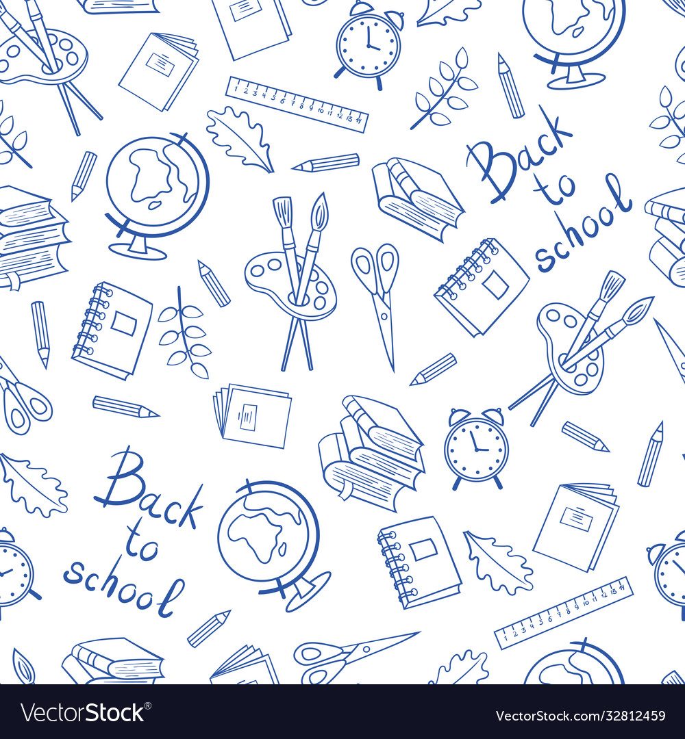 Seamless pattern on a school theme blue outline