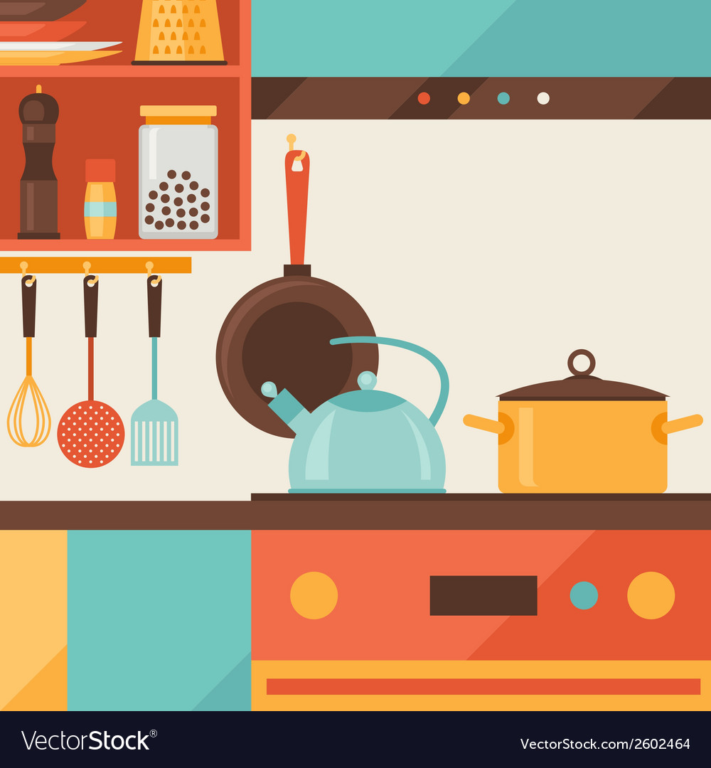 Card with kitchen interior and cooking utensils Vector Image