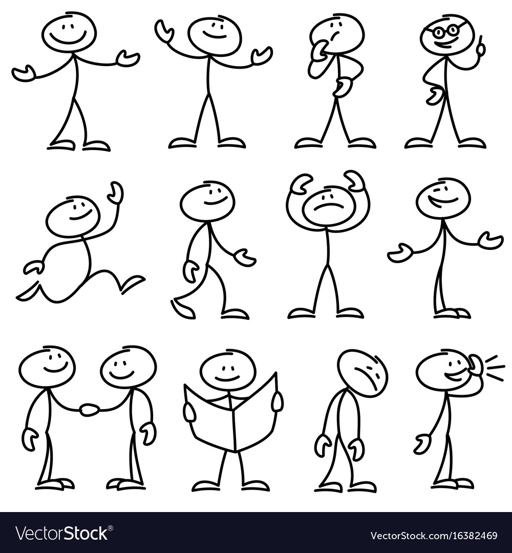 Cartoon Hand Drawn Stick Man In Different Poses Vector Set Stock