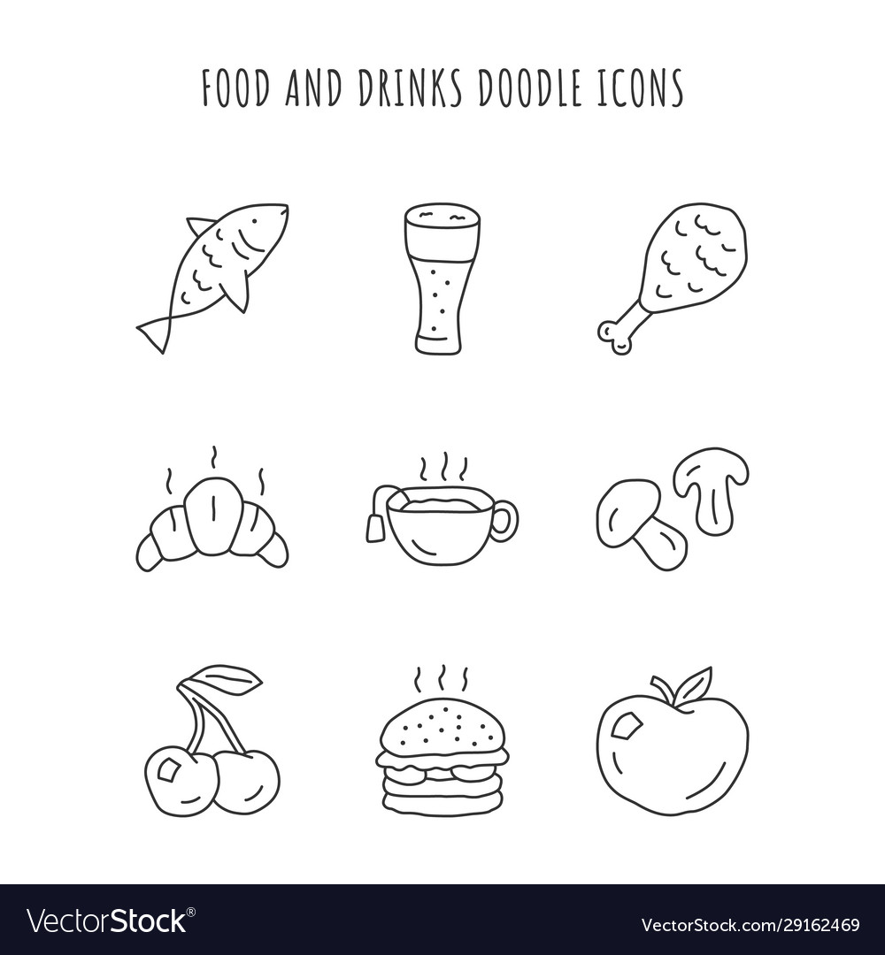 Food and drinks linear icons set burger chicken Vector Image