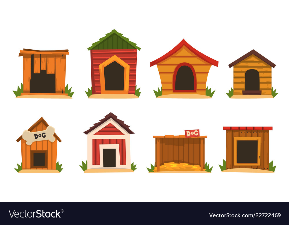 Wooden dog house set dogs kennel cartoon Vector Image