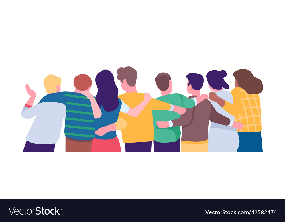 Hugging friend group back view people teamback Vector Image