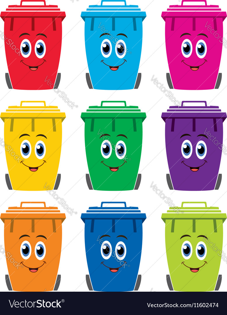 Set of colorful flat recycling wheelie bin icons Vector Image Set of colorful flat recycling wheelie bin icons Vector Image