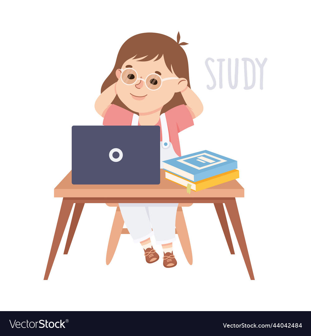 Little girl sitting at table and studying Vector Image