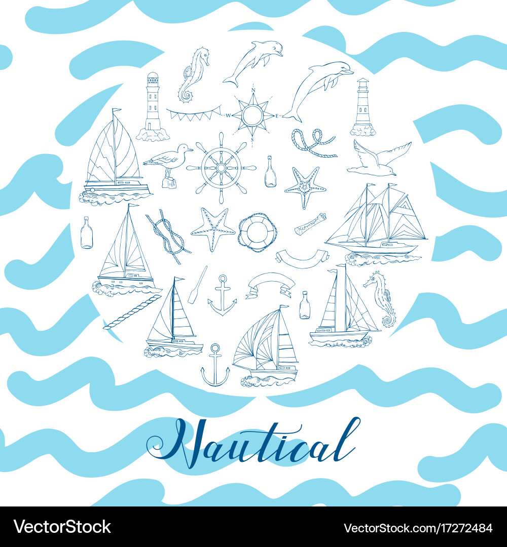 Nautical background hand drawn elements Royalty Free Vector