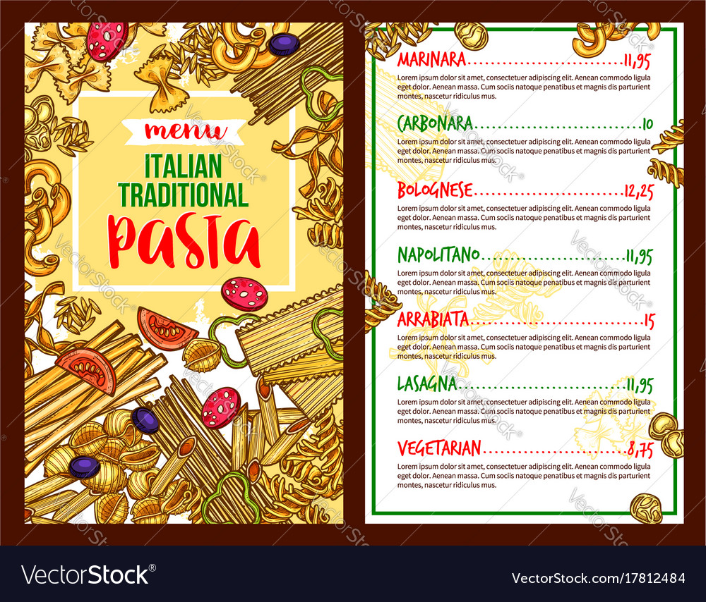 Pasta italian restaurant menu template Royalty Free Vector