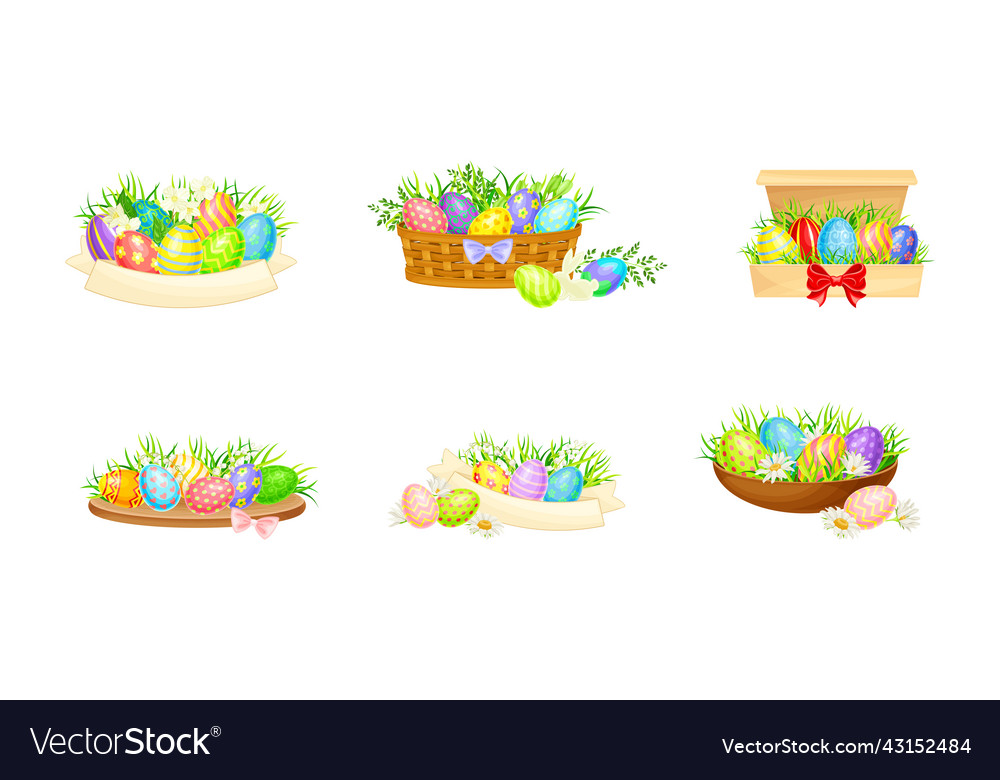 Set of willow basket with colorful easter eggs Vector Image