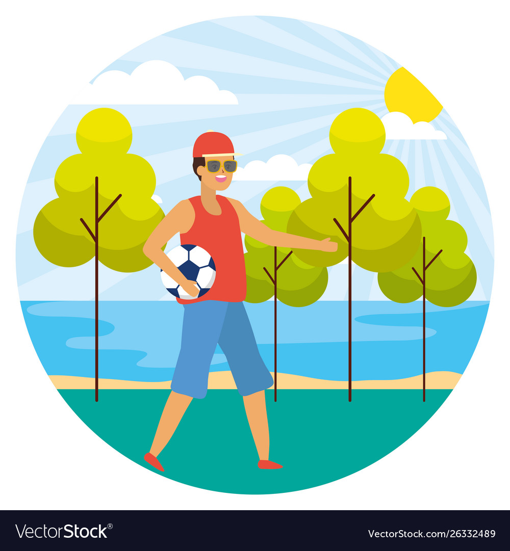 Man with ball landscape nature trees river