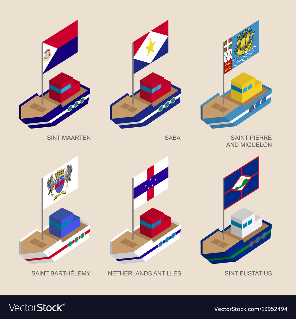 Isometric ships with flags of caribbean countries Vector Image